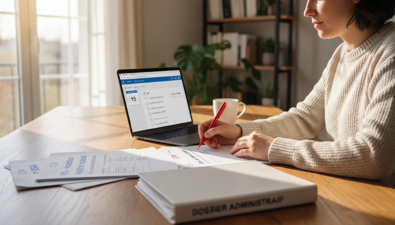 Personne organisant son dossier pour une demande de RSA sur ordinateur portable avec documents administratifs