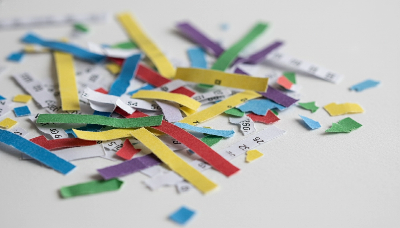 Résultat de la destruction documents confidentiels par destructeur à coupe croisée — fragments illisibles garantis