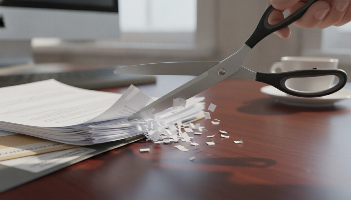 Méthode manuelle pour savoir comment détruire documents confidentiels sans destructeur papier avec des ciseaux.