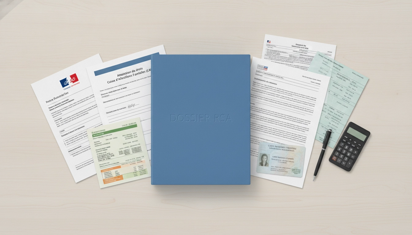 Un dossier administratif bien organisé avec tous les documents à fournir pour dossier RSA disposés sur un bureau.