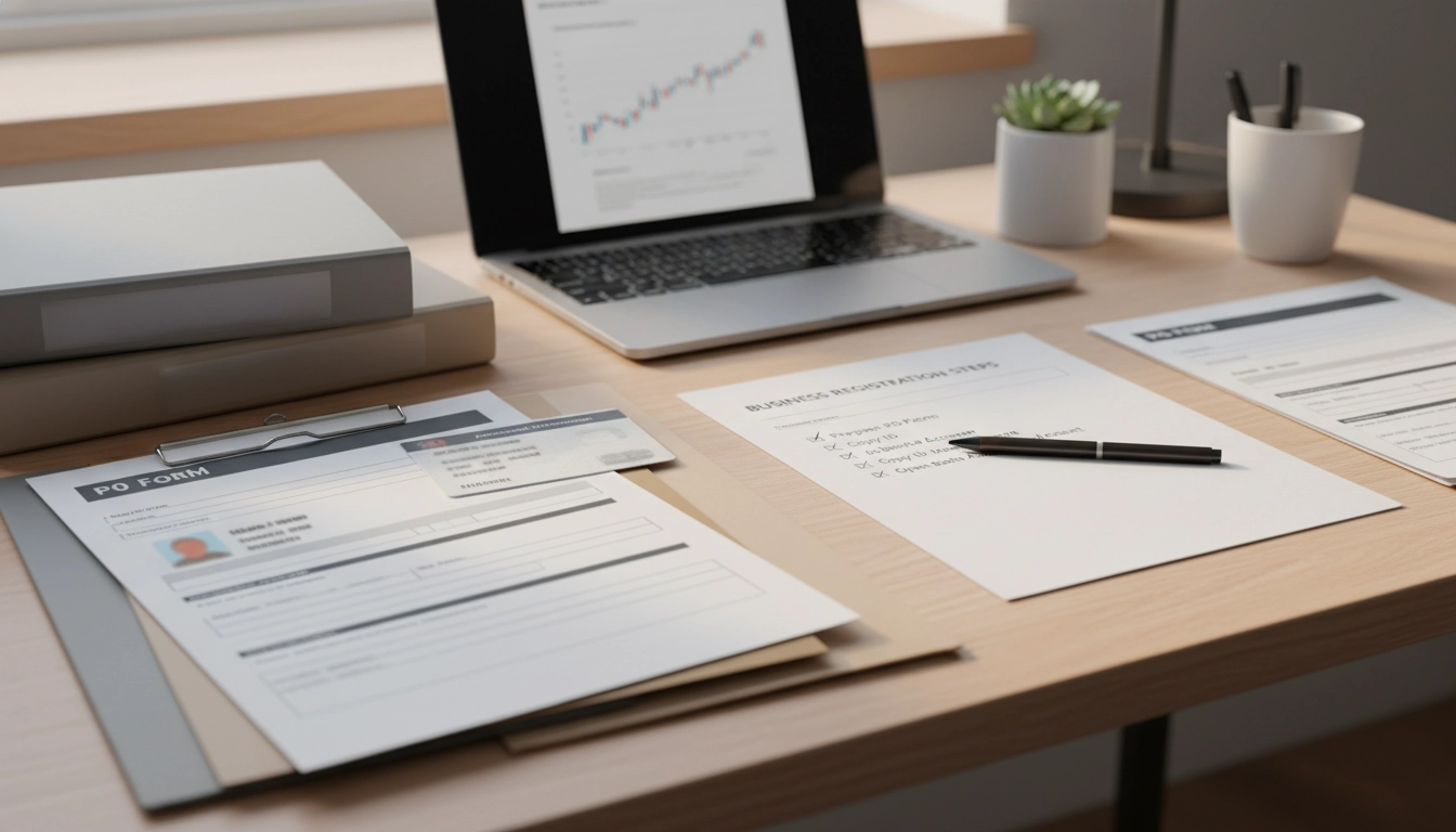 Documents nécessaires pour créer une micro-entreprise organisés sur un bureau professionnel avec formulaire P0 et pièces justificatives
