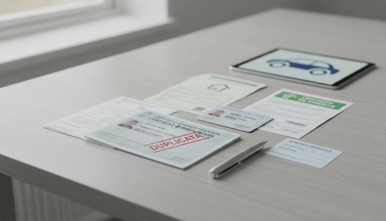 Un homme organisant les documents nécessaires pour demander un duplicata de carte grise sur son bureau.