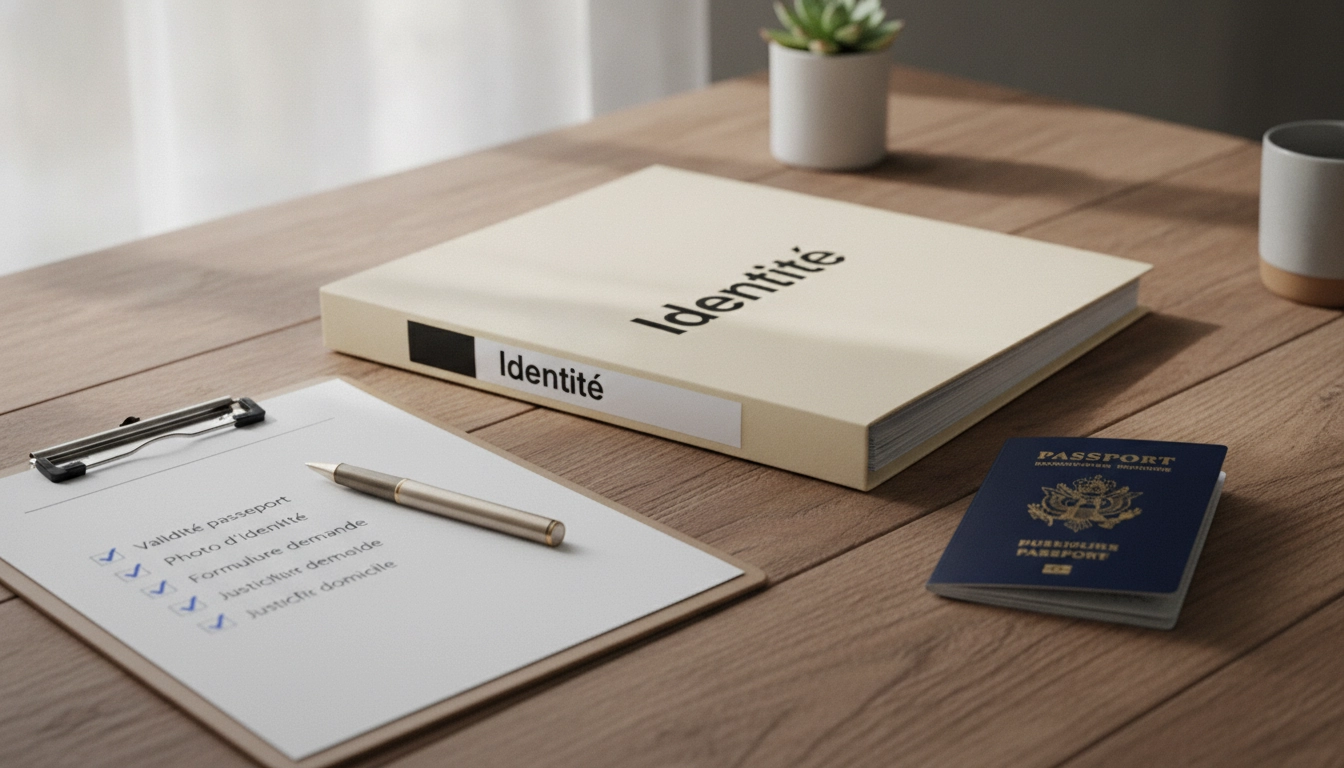 Préparation des documents nécessaires renouvellement titre d'identité liste complète sur un bureau ordonné.
