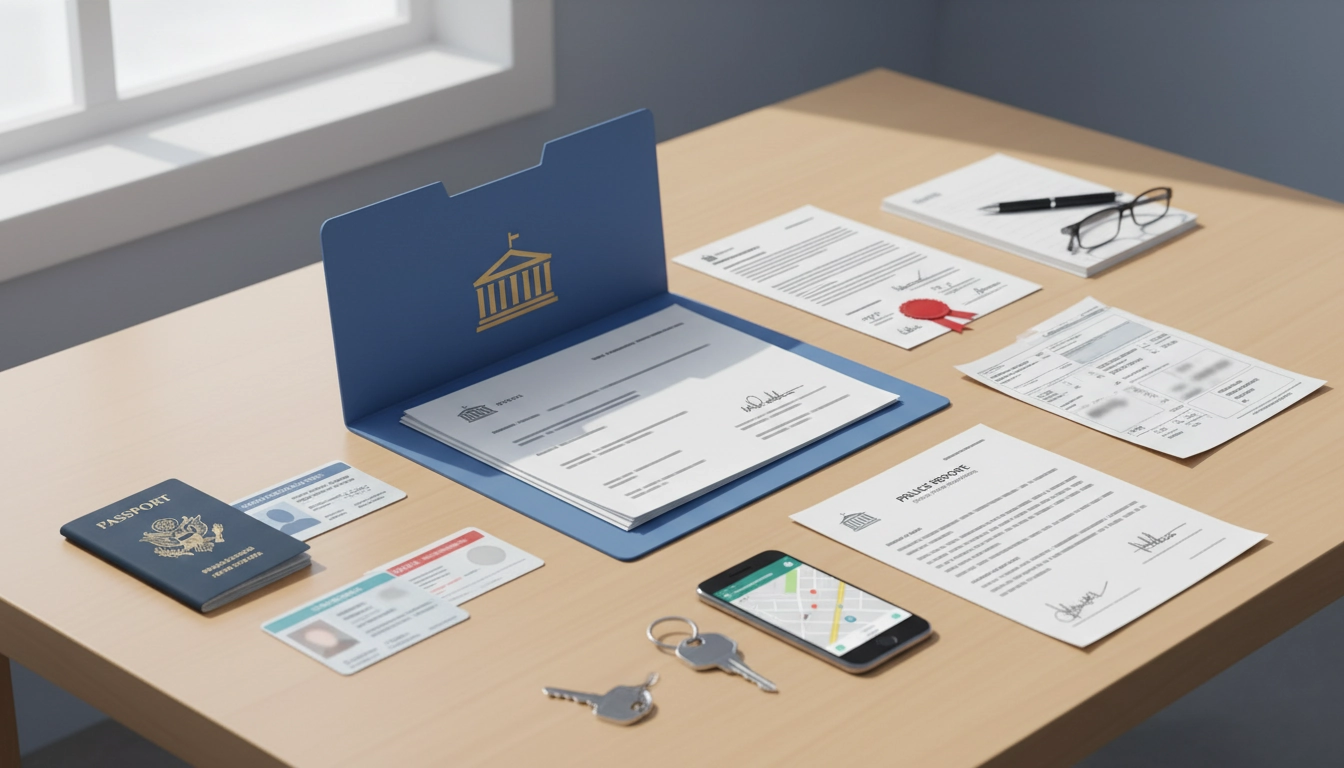 Personne organisant ses documents à fournir pour remplacer papiers perdus en préfecture sur un bureau.