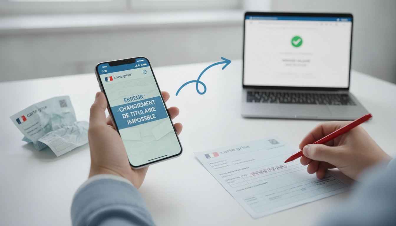 Une personne stressée devant son ordinateur cherchant une solution pour une erreur changement de titulaire carte grise que faire