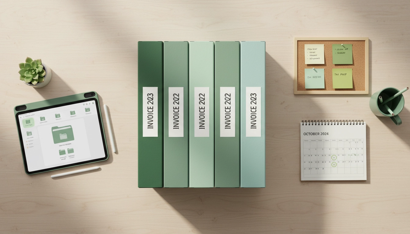 Système d'archivage organisé de factures d'auto-entrepreneur avec dossiers classés par année