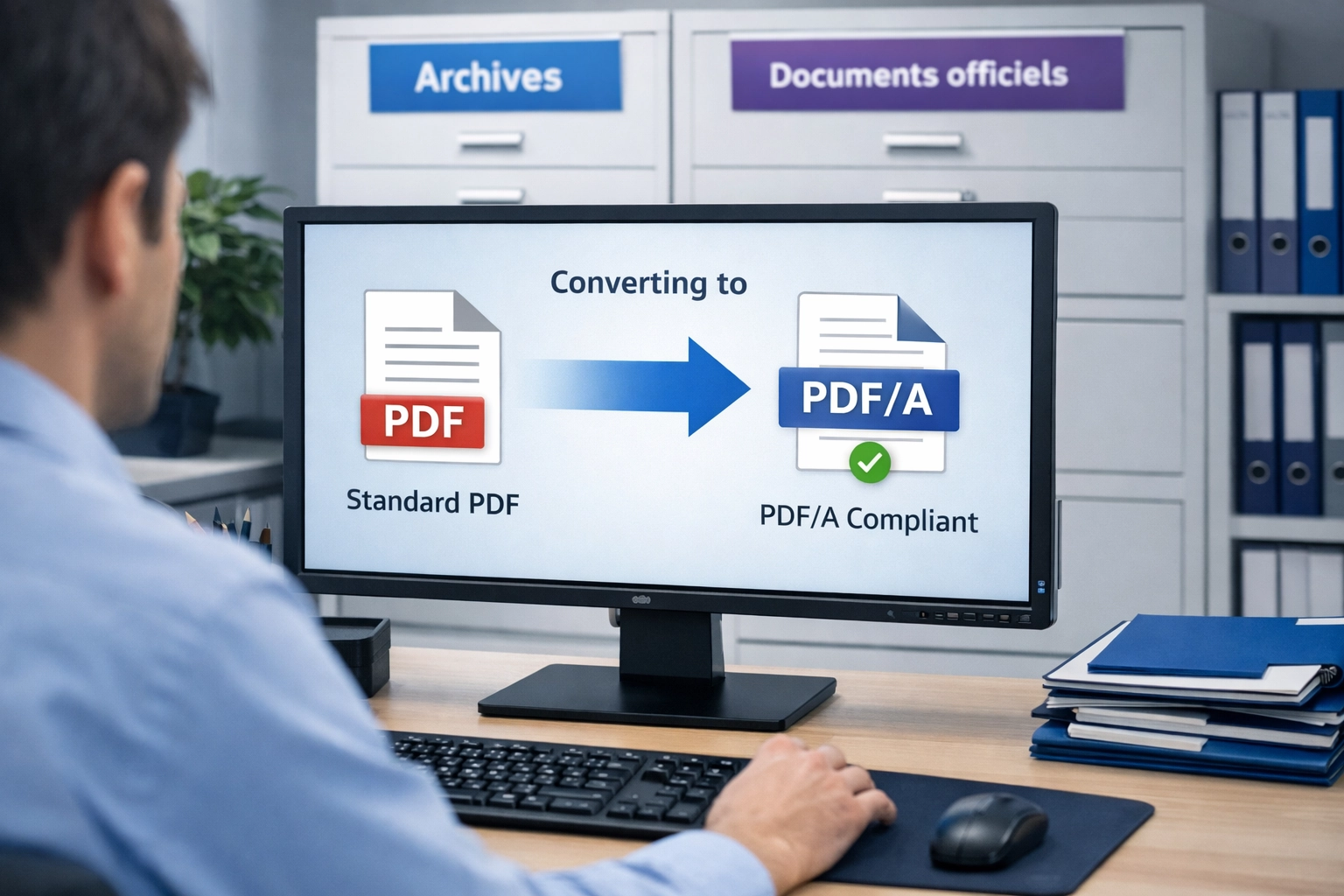 Processus de conversion au format PDF/A archivage documents officiels sur écran d'ordinateur de bureau