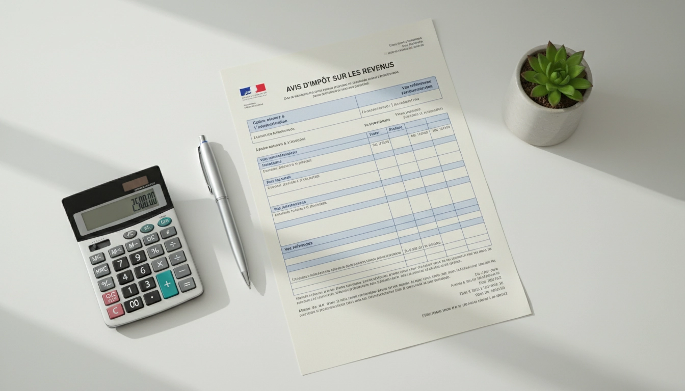 Avis d'imposition français posé sur un bureau avec calculatrice pour optimiser le paiement des impôts