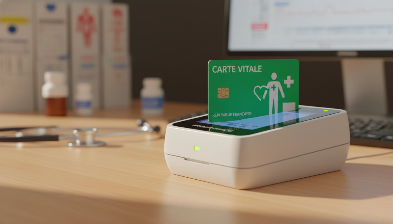 Consultation médicale et lecture des informations enregistrées sur la puce de la carte vitale pour la facturation