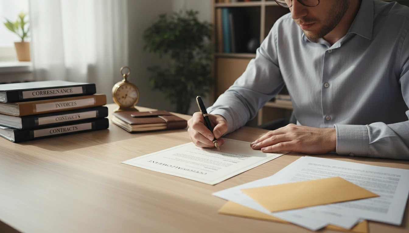 Personne rédigeant une lettre de réclamation officielle entourée de documents administratifs organisés