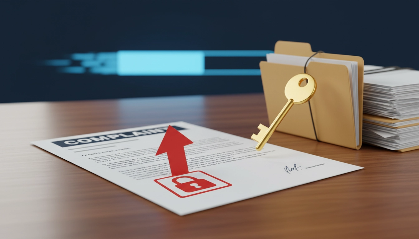 Personne rédigeant une lettre de réclamation officielle à son bureau avec des documents administratifs