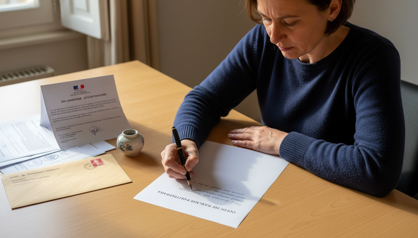 Citoyen rédigeant une lettre de réclamation auprès d'une administration publique avec des documents officiels sur un bureau