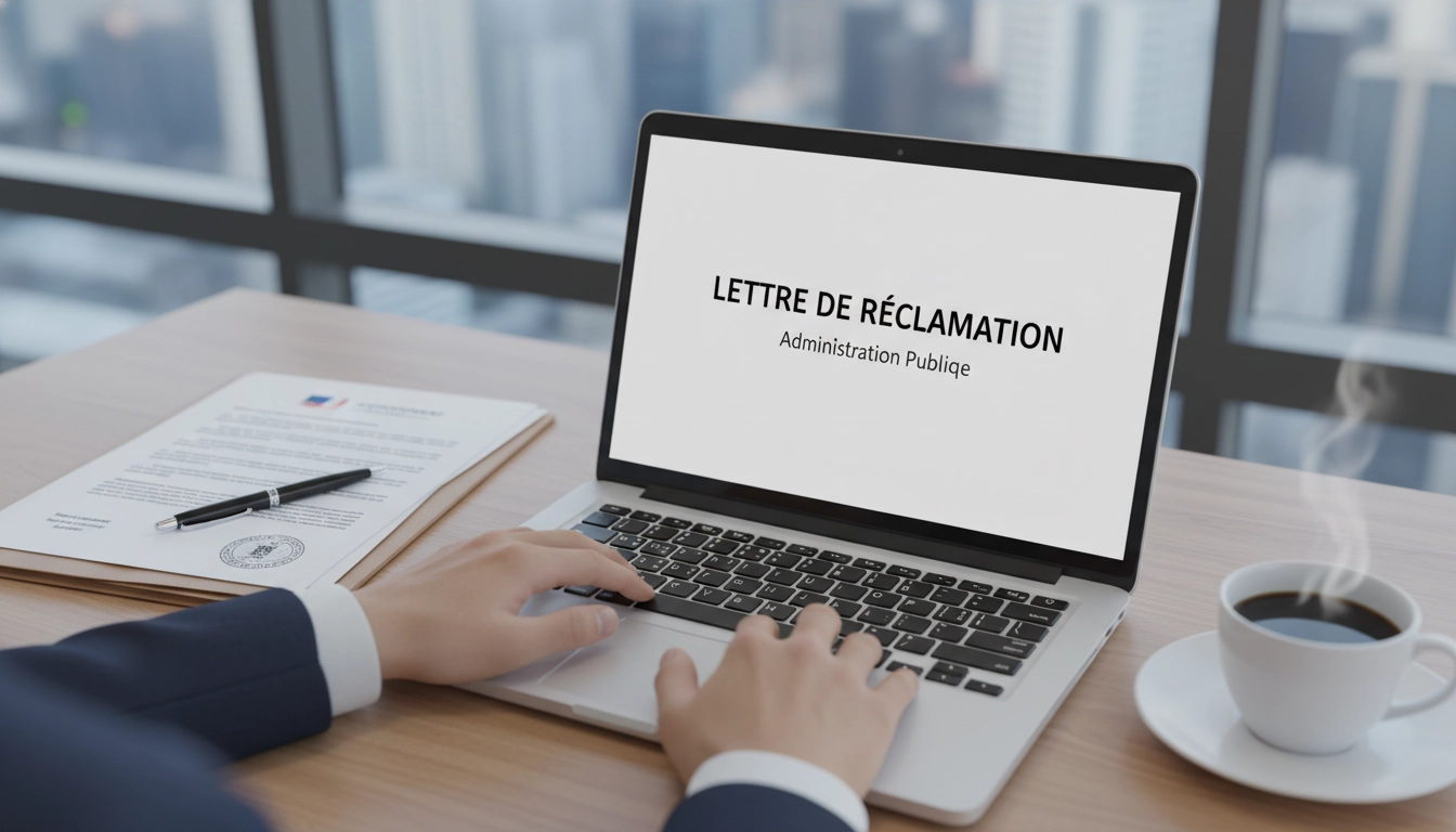 Personne rédigeant une lettre de réclamation auprès d'une administration publique sur un bureau avec des documents officiels