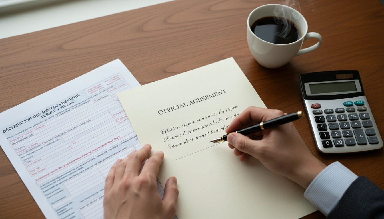 Personne préparant une lettre de réclamation impôts trop prélevés remboursement sur un bureau en bois.