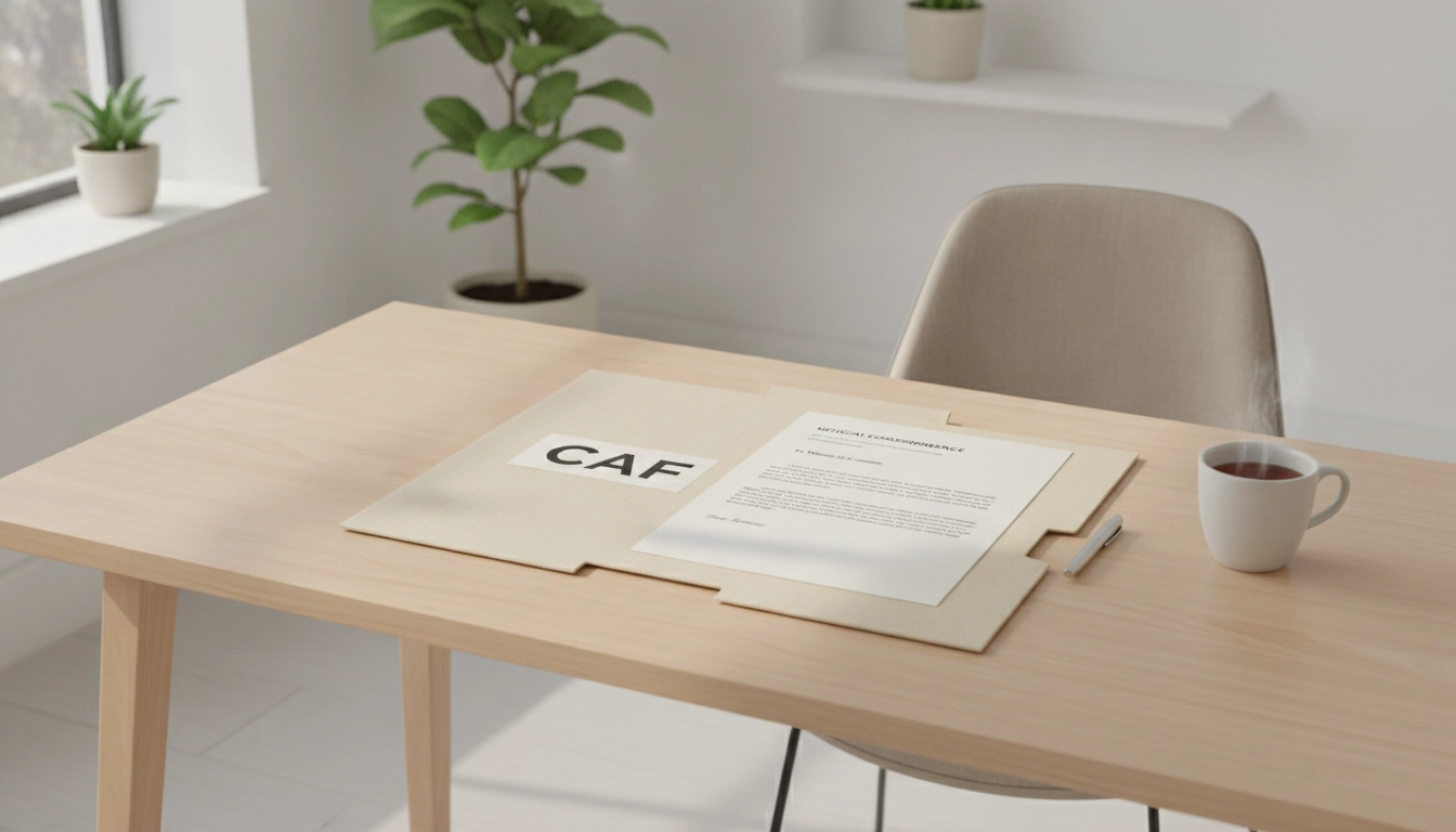 Préparation d'une lettre de réclamation suite à un refus de dossier CAF sur un bureau propre