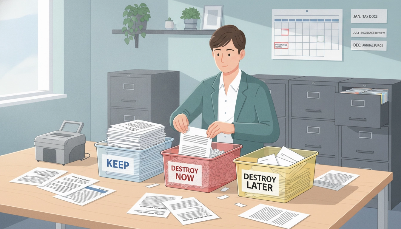 Une personne organisant la liste documents confidentiels à détruire chaque année dans trois bacs de triage distincts pour gérer sa documentation personnelle