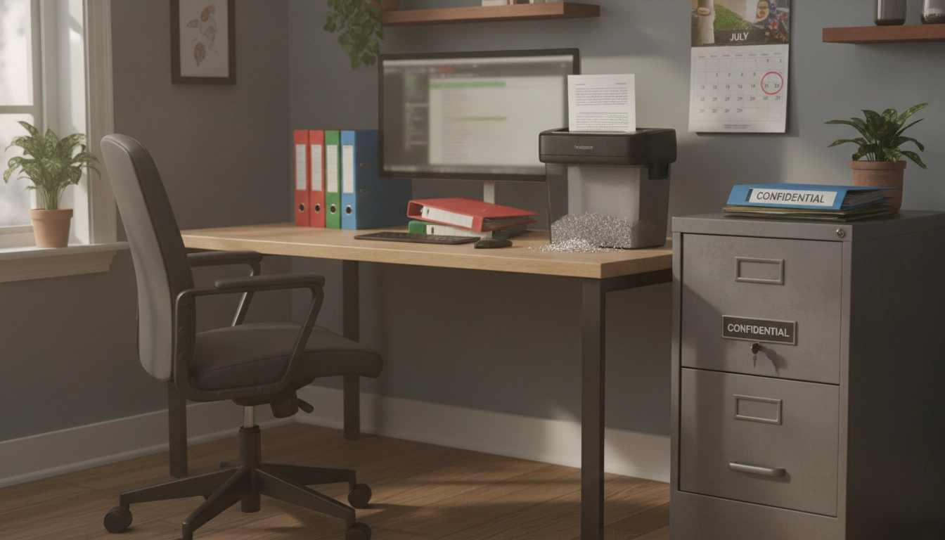Un destructeur de documents sécurisé dans un bureau organisé, représentant les outils essentiels pour la liste documents confidentiels à détruire chaque année