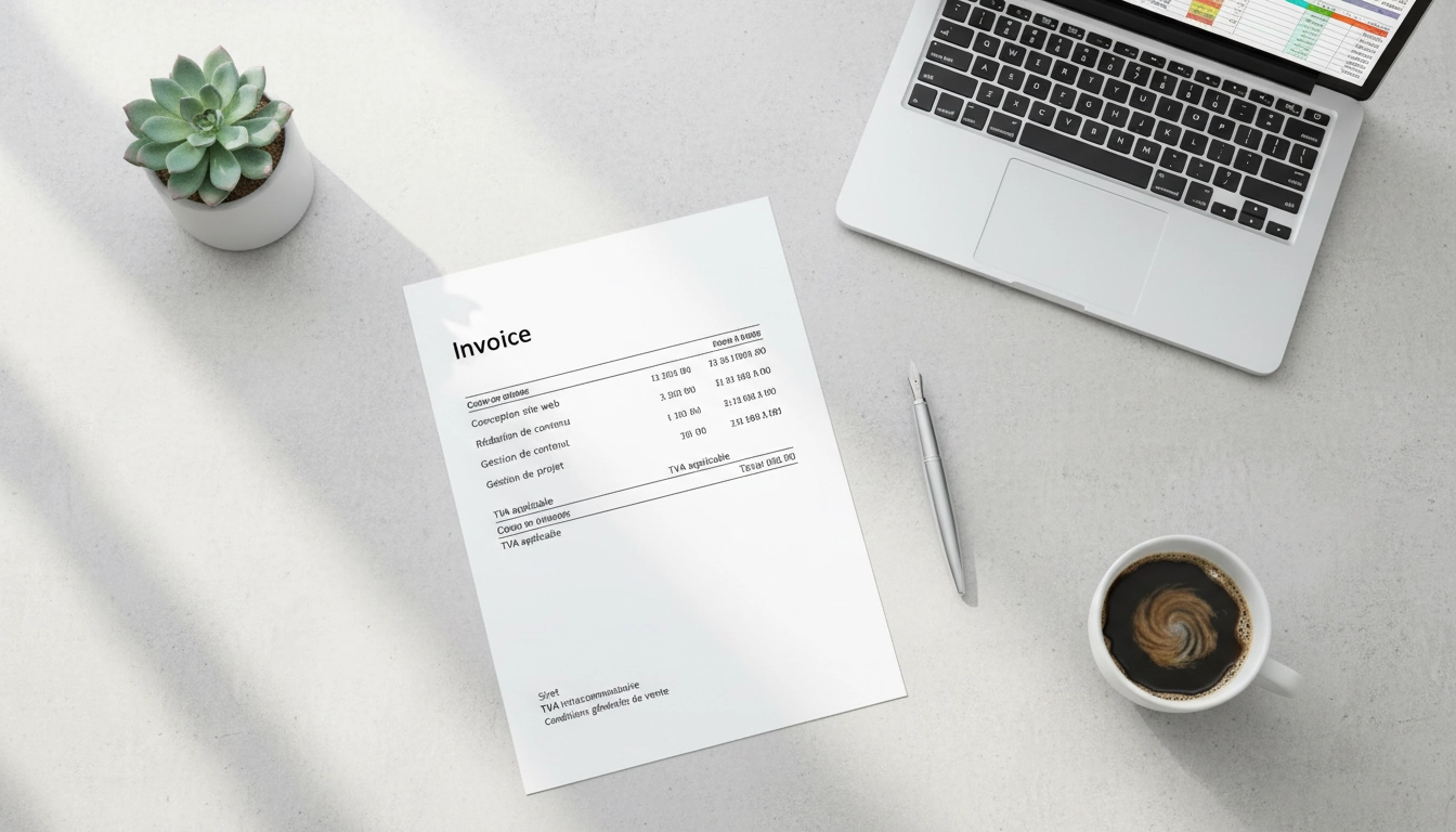 Bureau d'auto-entrepreneur avec une facture affichant toutes les mentions obligatoires sur une facture auto-entrepreneur