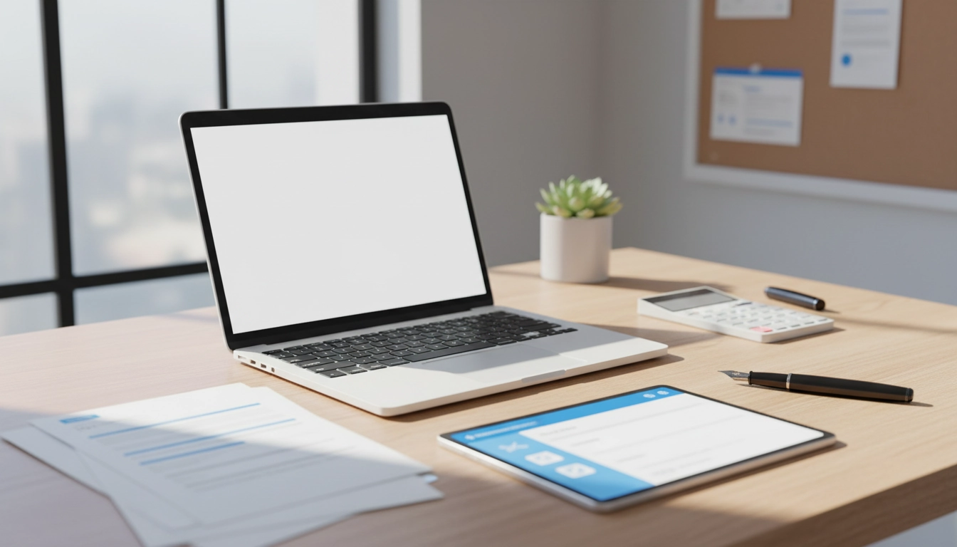 Auto-entrepreneur vérifiant les mentions obligatoires sur une facture posée sur un bureau