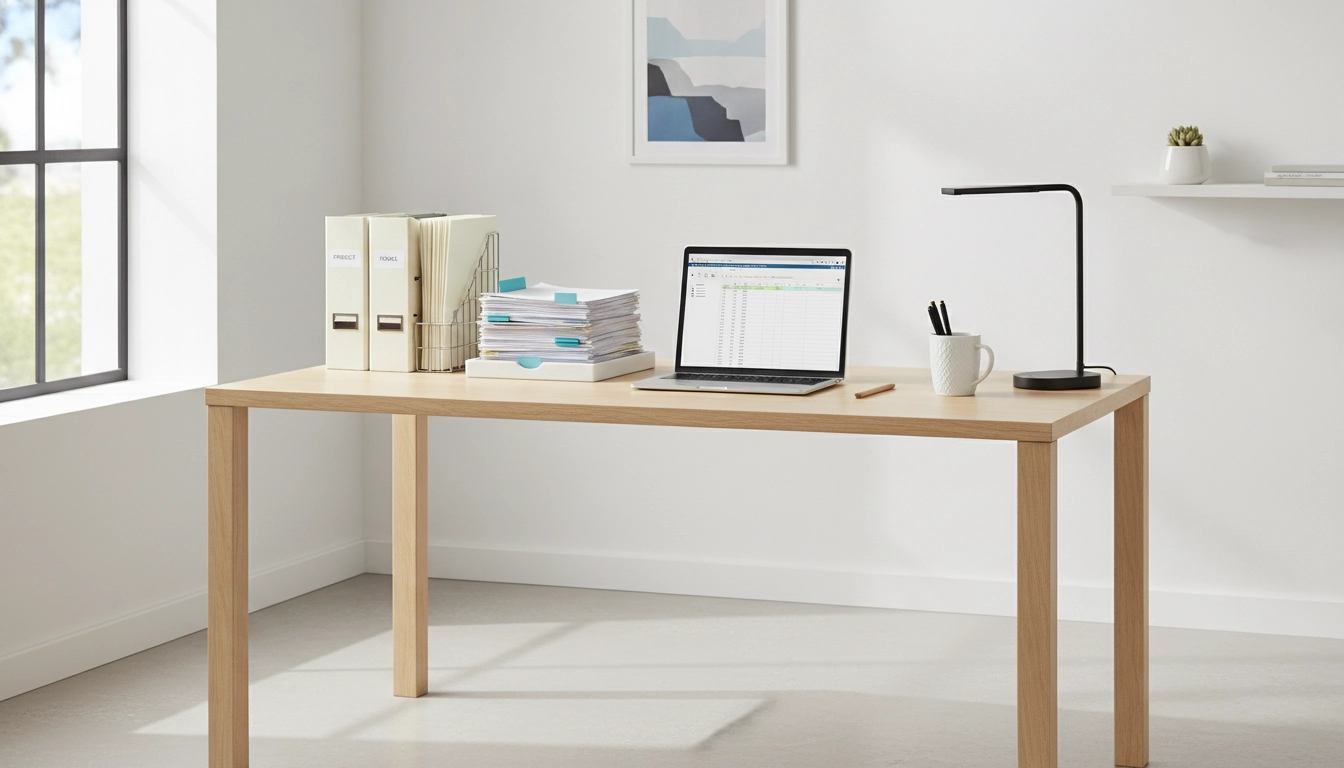 Bureau moderne avec une organisation parfaite utilisant une méthode efficace pour trier ses papiers administratifs à la maison.