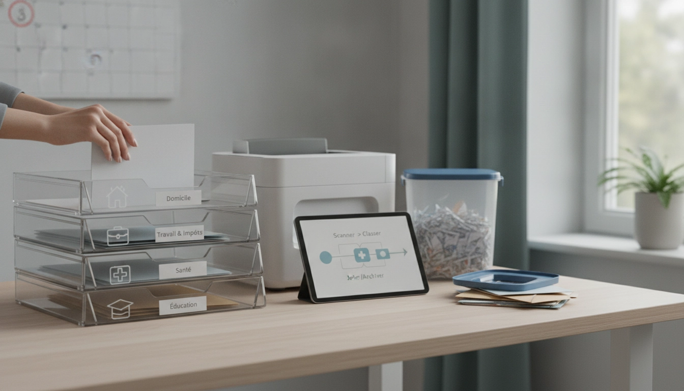 Une pile de documents organisée avec soin sur un bureau propre