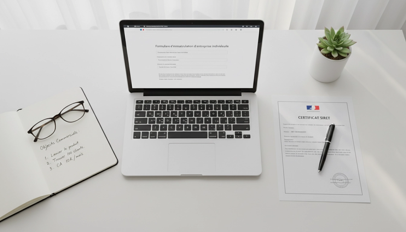 Bureau d'un entrepreneur lors de la création de sa micro-entreprise avec documents administratifs et ordinateur