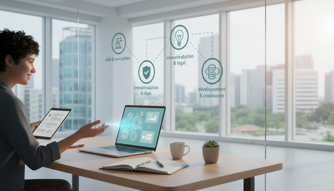 Entrepreneur en train de créer sa micro-entreprise sur un ordinateur portable avec des documents administratifs