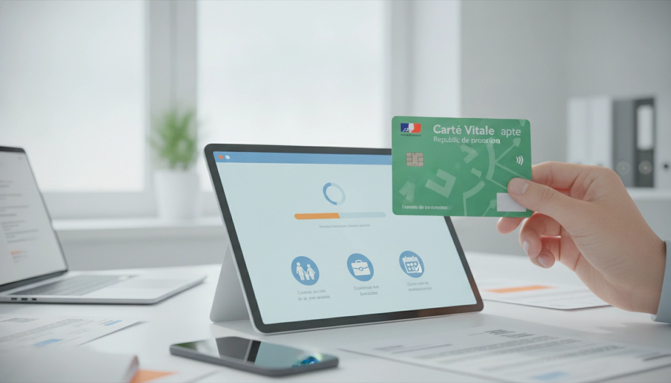 Une personne utilisant un lecteur de carte Vitale pour mettre à jour carte vitale après changement de situation.