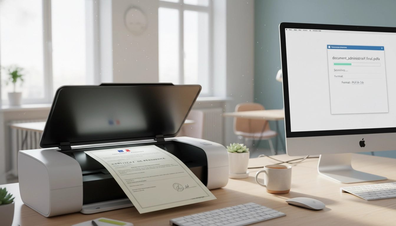 Scanner professionnel réalisant la numérisation de documents administratifs en format PDF/A