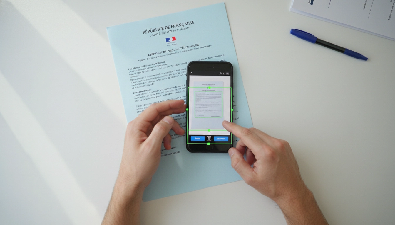 Utilisation d'un smartphone pour numériser un document officiel avec une application de scan dédiée
