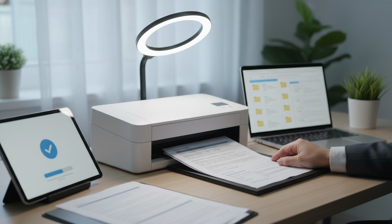 Processus complet de numérisation documents administratifs avec scanner professionnel et logiciel de GED