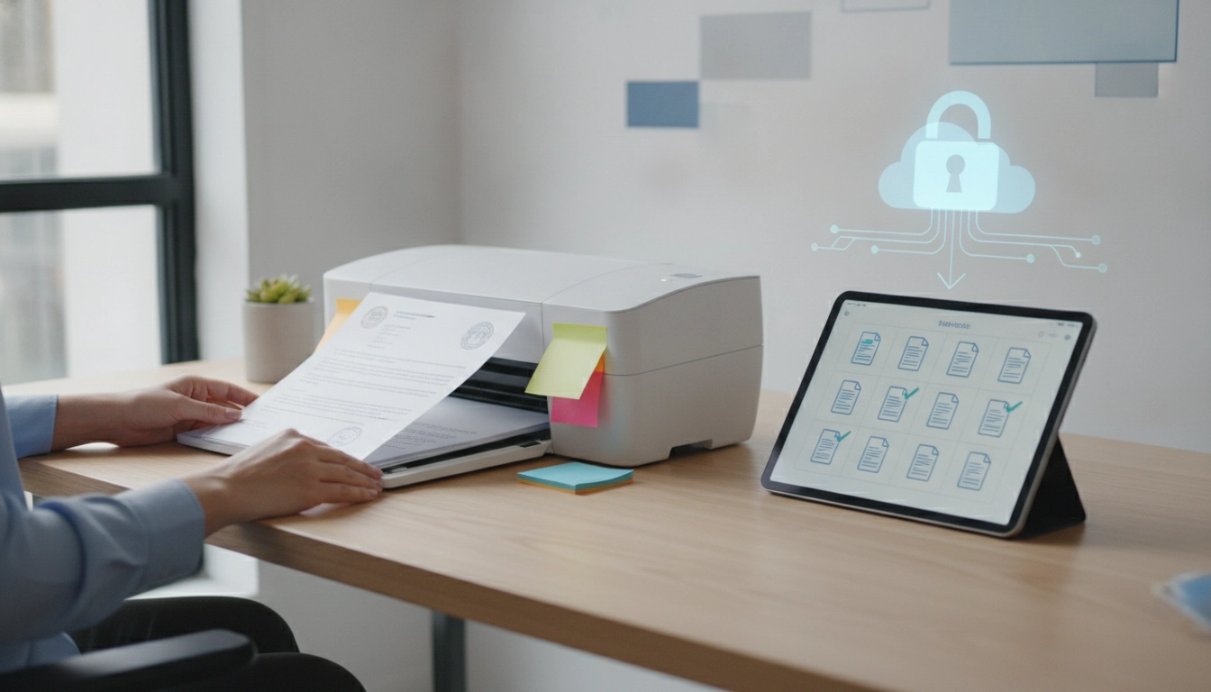 Bureau organisé avec un scanner professionnel pour la numérisation documents administratifs valeur légale