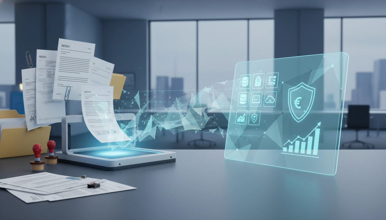 Employé scannant des factures pour assurer la numérisation documents TPE PME conformité fiscale.