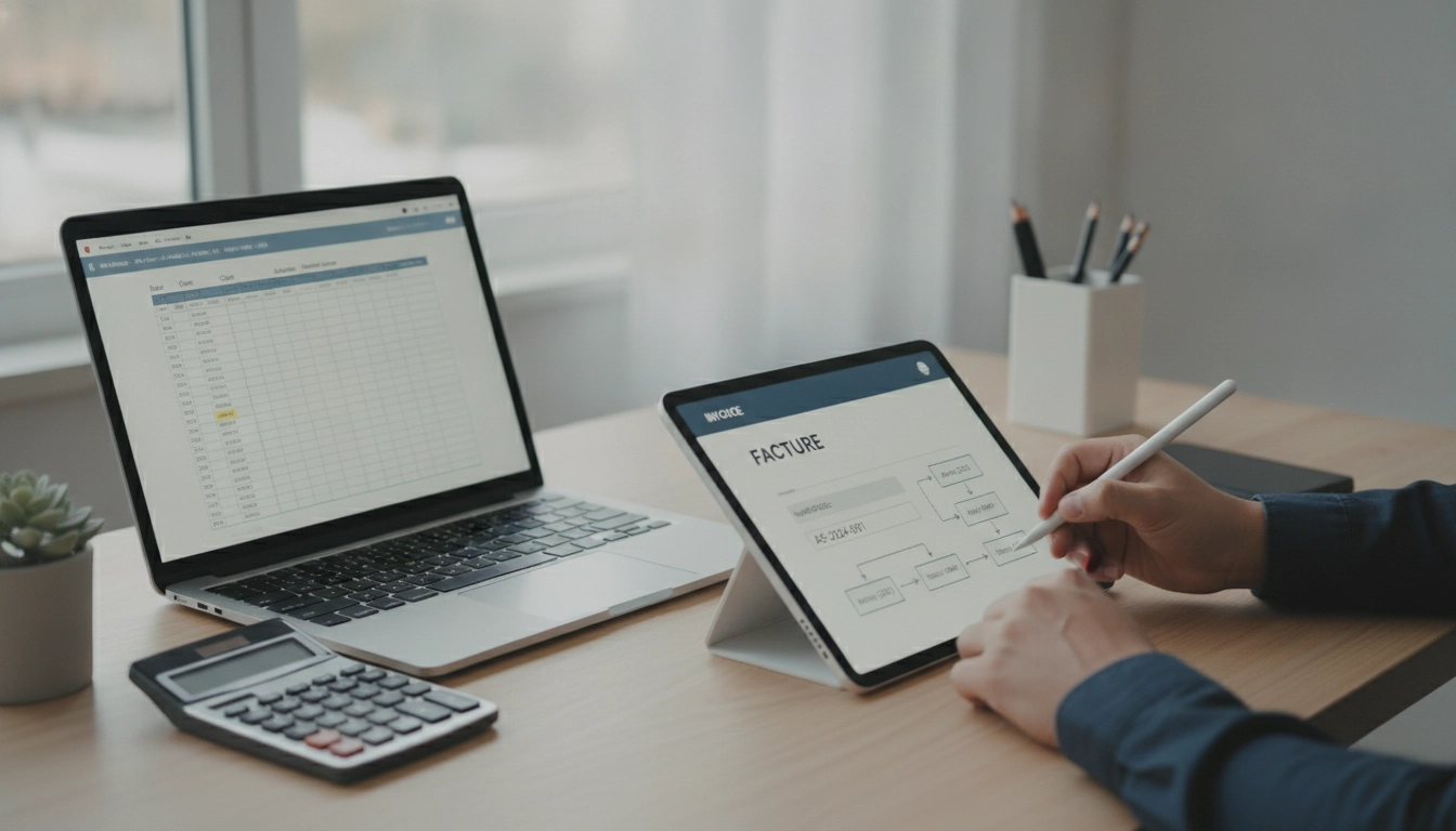 Un entrepreneur organisant ses documents de facturation avec soin sur un bureau moderne.