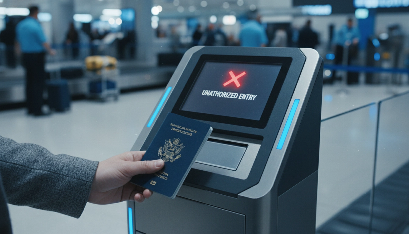 Un voyageur confronté à un passeport biométrique refusé à la frontière raisons de sécurité ou techniques.