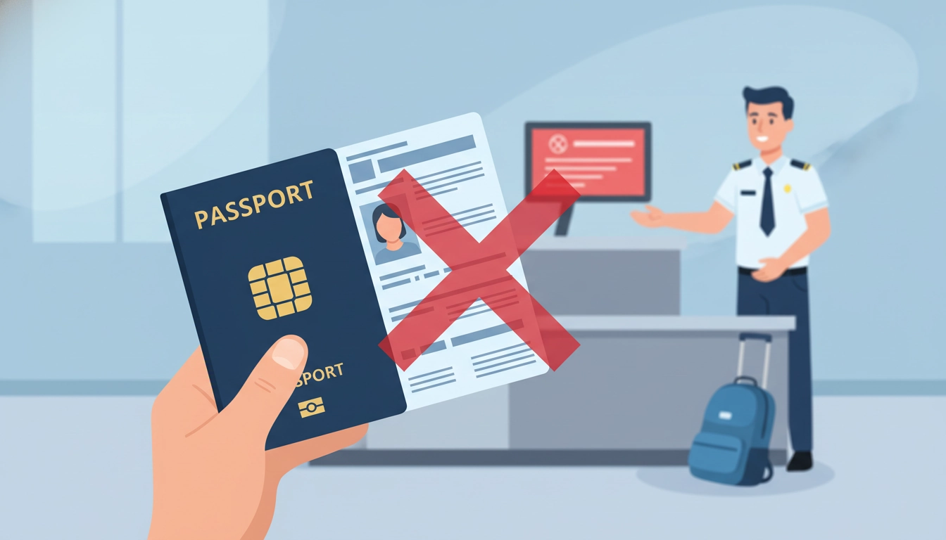 Gros plan sur un passeport biométrique refusé à la frontière raisons techniques lors d'un contrôle de sécurité.
