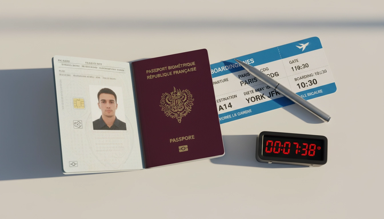 Passeport biométrique ouvert avec billets d'avion illustrant le délai d'obtention d'un passeport biométrique en urgence