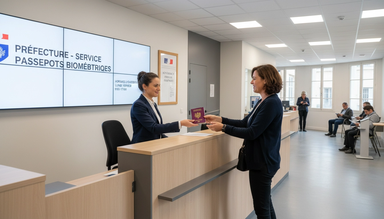 Agent de préfecture remettant un passeport biométrique à un administré dans le cadre d'une procédure d'urgence