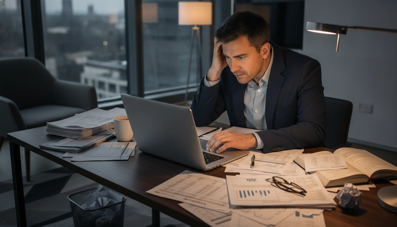 Un entrepreneur vérifiant le montant de la pénalité retard déclaration chiffre d'affaires auto-entrepreneur montant sur son ordinateur
