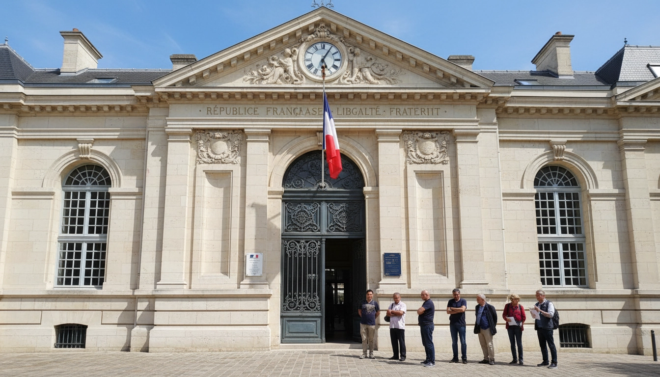 File d'attente devant une mairie française pour déposer un dossier de renouvellement de carte d'identité et passeport après une perte