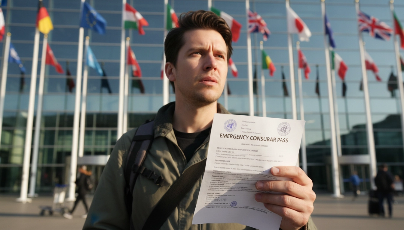 Voyageur obtenant un laissez-passer consulaire d'urgence à l'ambassade après une perte de papiers à l'étranger