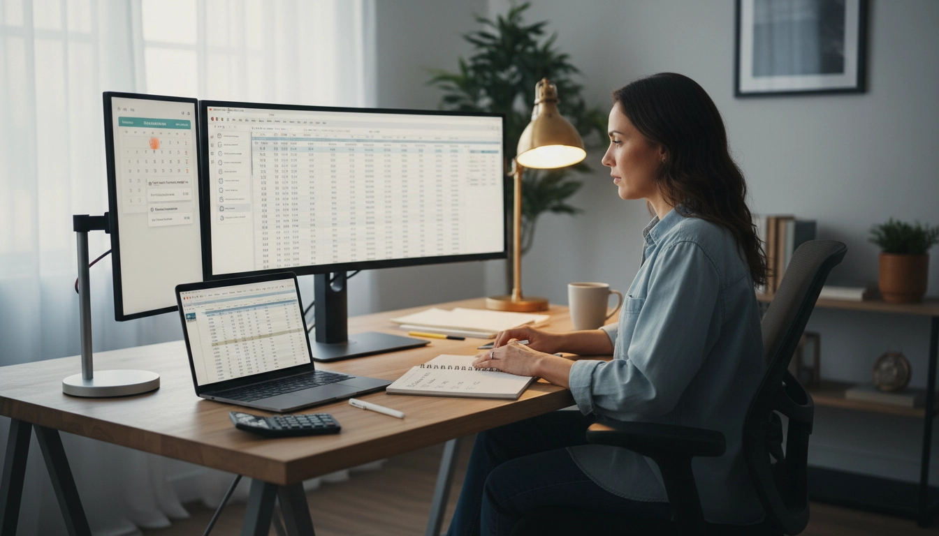 Auto-entrepreneur gérant ses acomptes de prélèvement à la source depuis son bureau à domicile