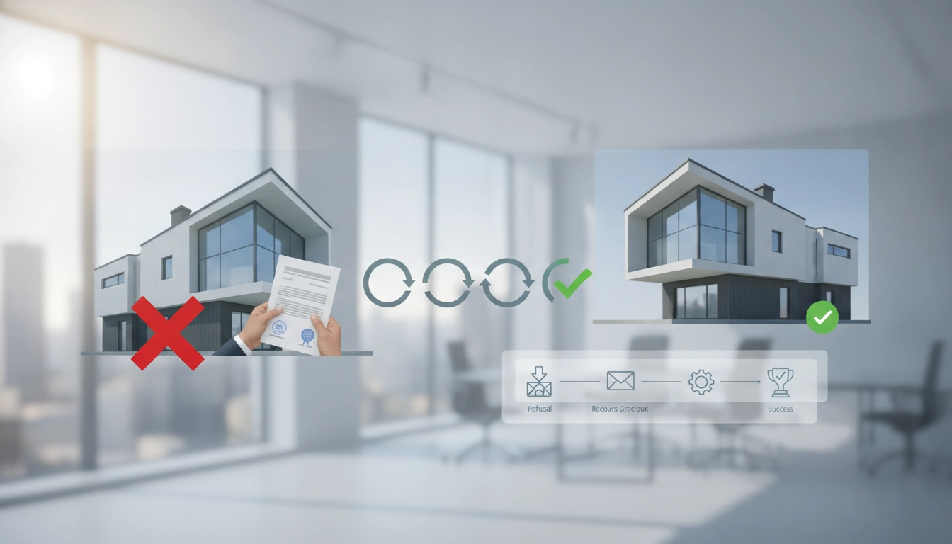 Un homme consultant des plans de construction pour préparer un recours gracieux refus de permis de construire.