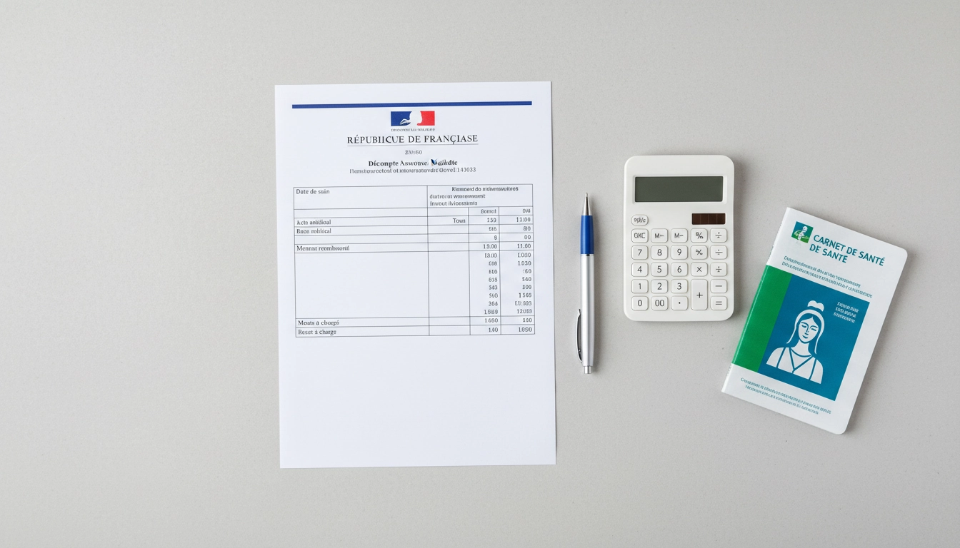 Relevé de remboursement de l'Assurance Maladie posé sur un bureau avec calculatrice et documents de santé