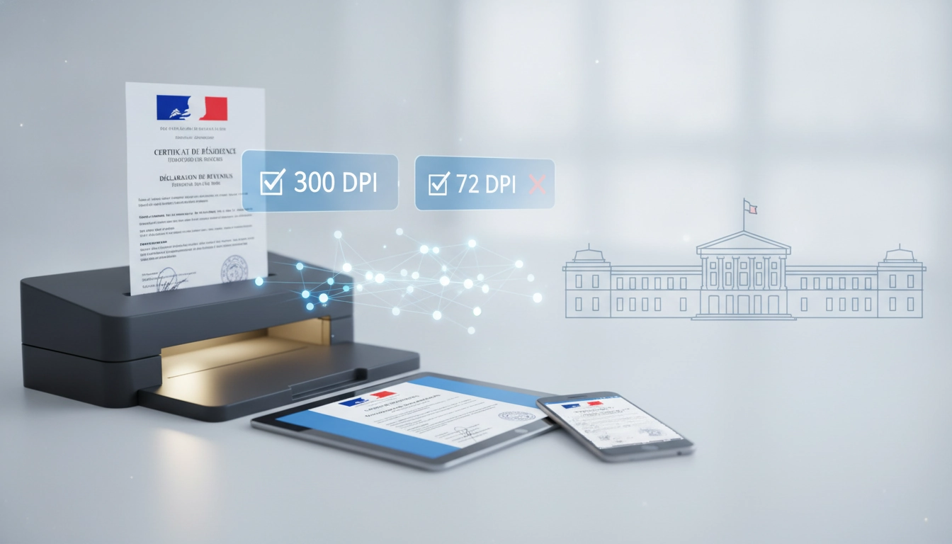 Un scanner de bureau moderne traitant des papiers officiels avec une résolution minimale scan document administratif recevable affichée sur l'écran.