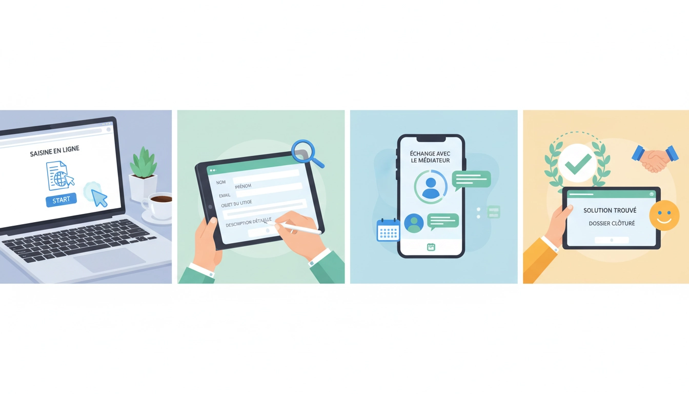 Personne utilisant un ordinateur portable pour saisir le médiateur administratif en ligne via un formulaire officiel