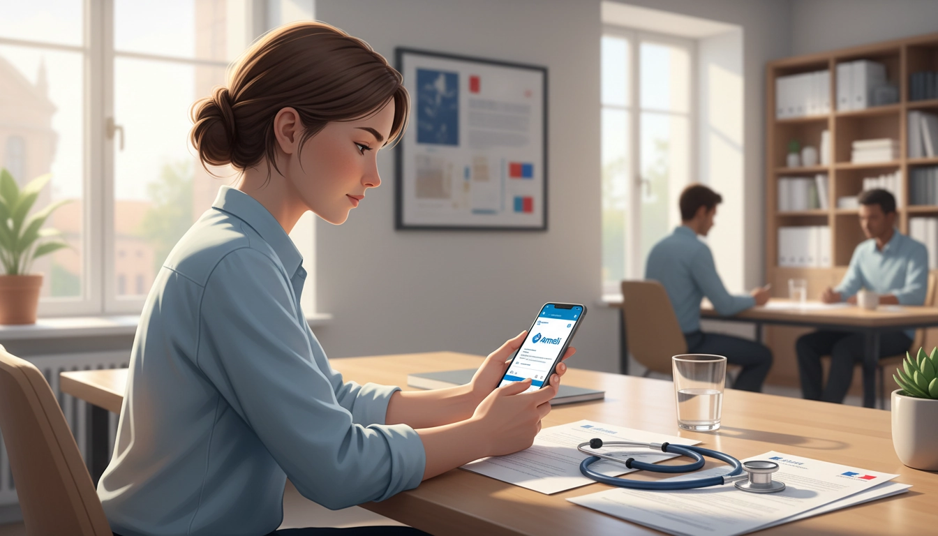 Personne consultant son compte Ameli sur smartphone pour gérer ses droits à la sécurité sociale