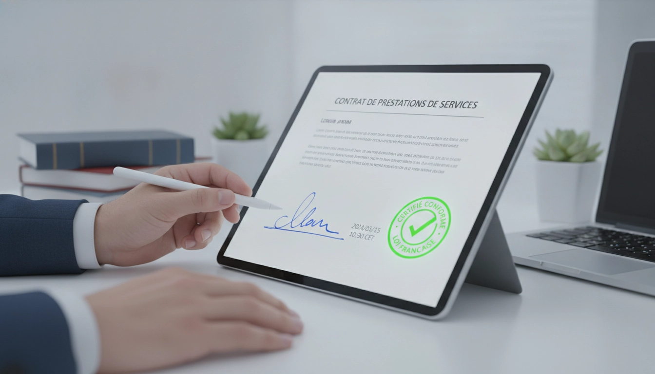 Illustration montrant une signature électronique document numérisé reconnaissance légale France sur un écran sécurisé.
