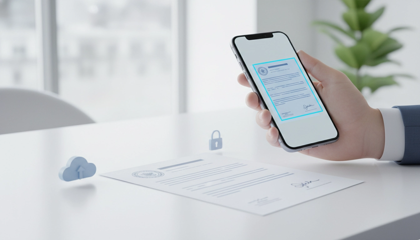 Une personne utilise son smartphone pour numériser un document administratif avec une application fiable sur un bureau propre.