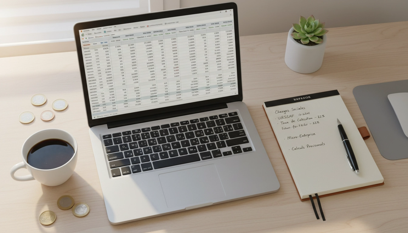 Micro-entrepreneur calculant les taux de cotisations sociales micro-entreprise par secteur d'activité sur son bureau